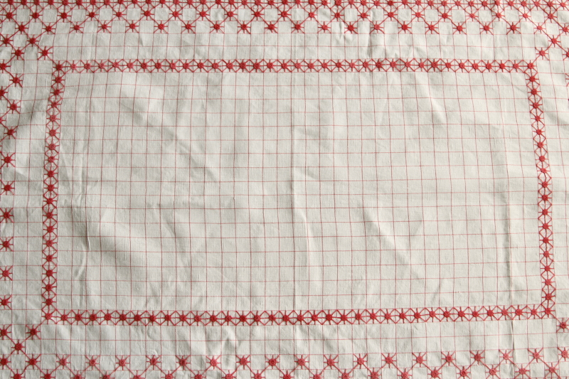 アンティーク フランス グラフチェック＆花弁スカラップリム刺繍 リネンクロス アンティーク フランス グラフチェック＆花弁スカラップリム刺繍