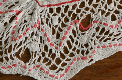 アンティークリネンテーブルクロス フランス 刺繍 レッド