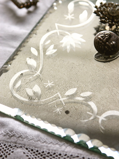 フランスアンティークミラー 花模様付き アンティークミラー フランス ベネチアンミラー サンドブラスト 花柄