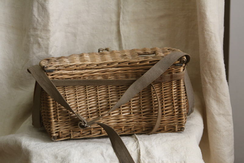 アンティークフィッシングバスケット フランス キャンバスポケット
