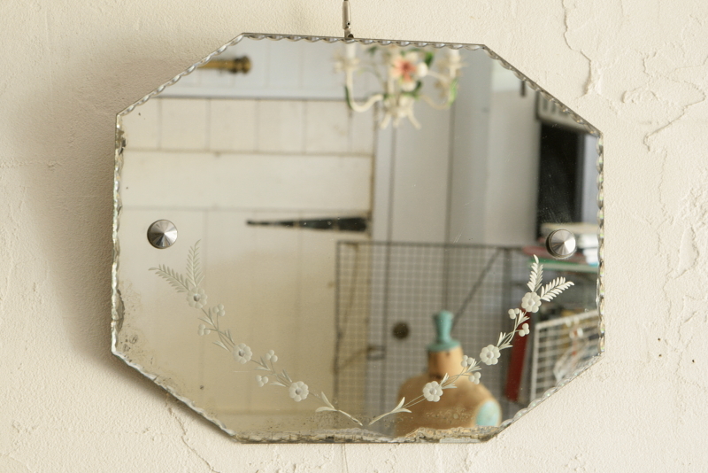 アンティークエッチングミラー フランス 花模様 【Antiques