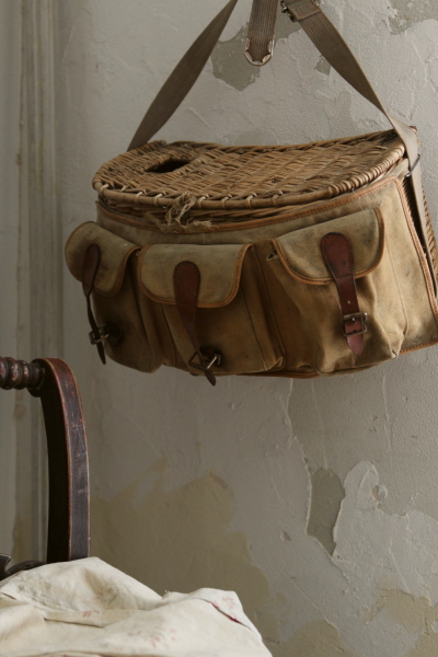 アンティークフィッシングバスケット フランス キャンバスポケット