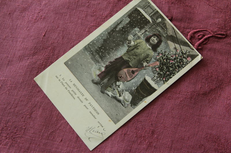 アンティークポストカード　フランス　組み写真　楽器と少女