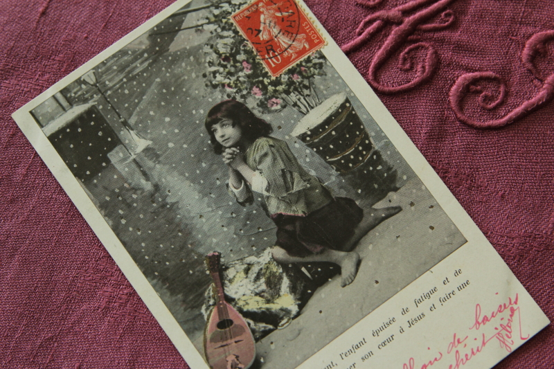 アンティークポストカード　フランス　組み写真　楽器と少女
