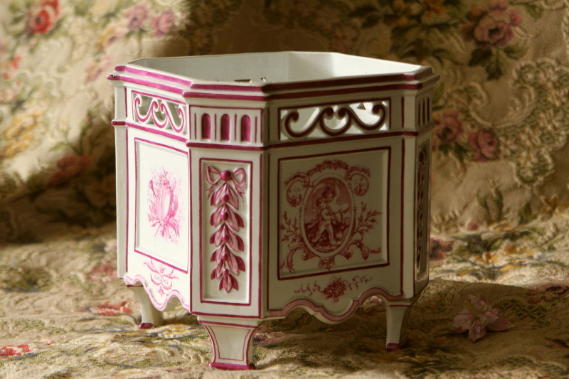 アンティークジャルディニエール　陶器プラントカバー　ナポレオン3世　アンピール帝政様式　GIENジアン　フランス
