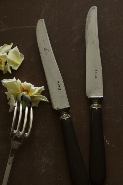 フレンチアンティーク黒檀エボニーディナーナイフ2本セット