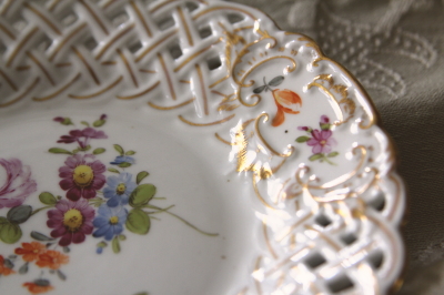 アンティークシマイセン ドレスデン レースプレート 手書き花 ドイツ