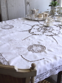 アンティークリネンテーブルクロス　大輪の花　カットワーク　刺繍　アップリケ　イギリス　アンティークストリュフ 20230704