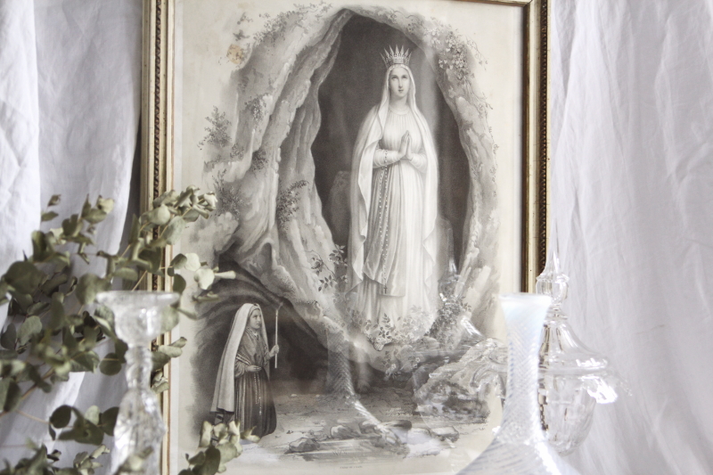 アンティークプリント　銅版画　エッチング　ルルドの泉　奇跡　マリア　フランス