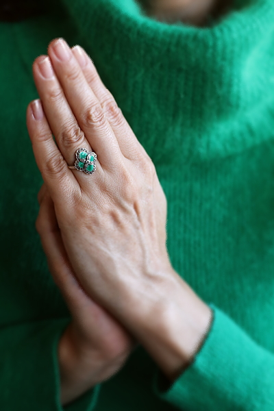 ギロッシュエナメル　マーカサイト　シルバーリング　四葉のクローバー　ヨーロッパ アンティークストリュフ