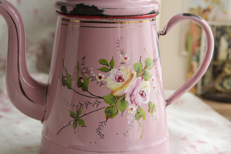 アンティークピンクほうろうカフェティール　コーヒービギン　手描きの薔薇　フランス