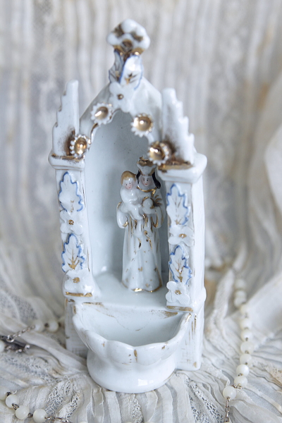 アンティークベニチエ聖水盤　オラトリー祭壇　聖母子　ポーセリン　フランス　ドイツ　ベルギー