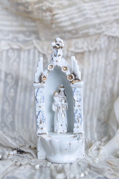 アンティークベニチエ聖水盤　オラトリー祭壇　聖母子　ポーセリン　フランス　ドイツ　ベルギー