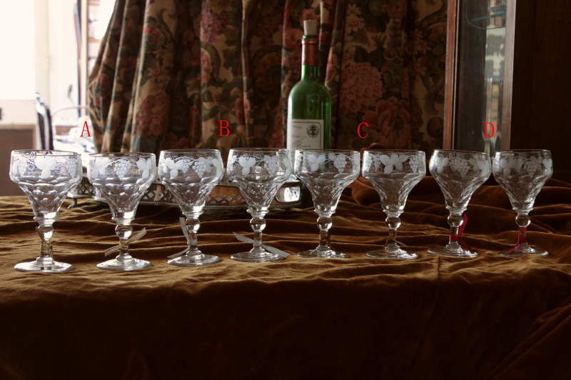 アンティーククリスタルワイングラス　葡萄　エングレービング　カットグラス　イギリス