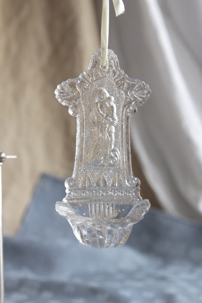アンティークガラスベニチエ　聖水盤　聖母子　フランス
