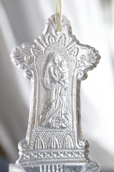 アンティークガラスベニチエ　聖水盤　聖母子　フランス