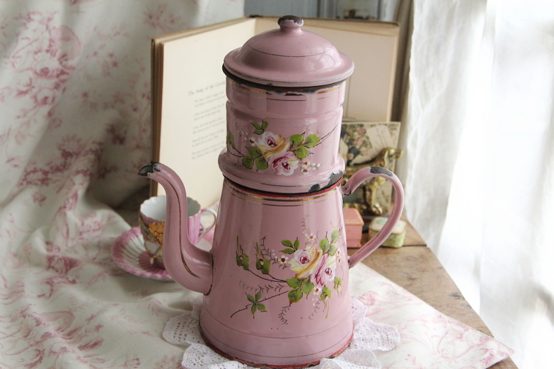 アンティークピンクほうろうカフェティール　コーヒービギン　手描きの薔薇　フランス