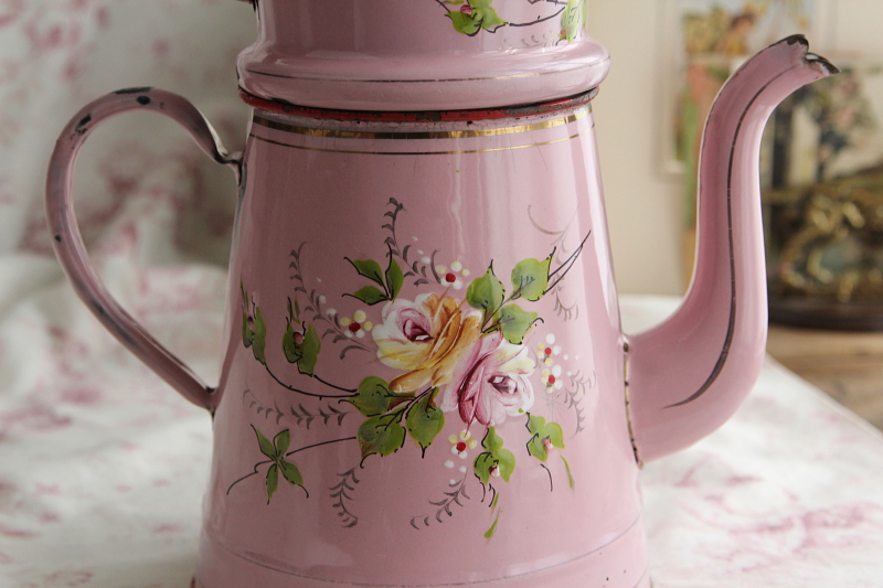 アンティークピンクほうろうカフェティール　コーヒービギン　手描きの薔薇　フランス