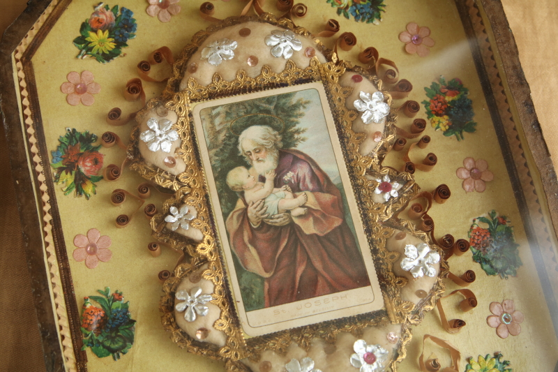 聖ヨセフ　聖父子像　額装壁飾り　フランス　 アンティークストリュフ