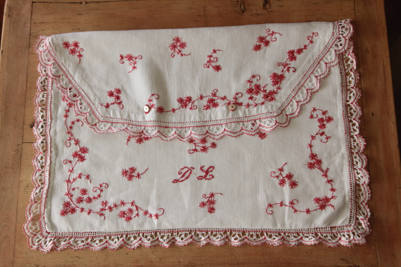 アンティークパジャマケース　花の刺繍　フランス