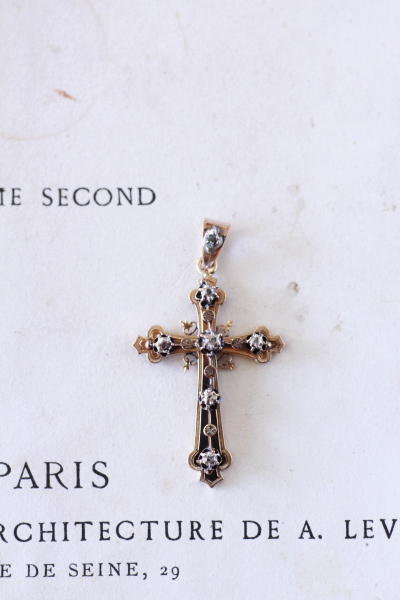 アンティークゴールドクロス十字架ペンダントネックレス　ダイヤモンド　アンティークジュエリー　フランス　プロヴァンサル
