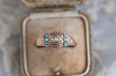 パール＆ターコイズ　ゴールドパネルリング　ヴィクトリアン　イギリス アンティークストリュフ