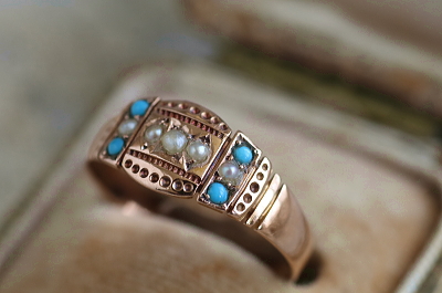 パール＆ターコイズ　ゴールドパネルリング　ヴィクトリアン　イギリス アンティークストリュフ
