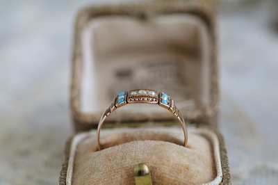 パール＆ターコイズ　ゴールドパネルリング　ヴィクトリアン　イギリス アンティークストリュフ