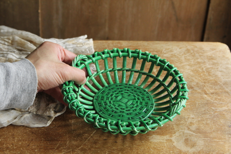 アンティーク陶器パニエ　バスケット　緑釉　南仏　フランス