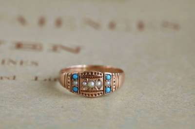 パール＆ターコイズ　ゴールドパネルリング　ヴィクトリアン　イギリス アンティークストリュフ