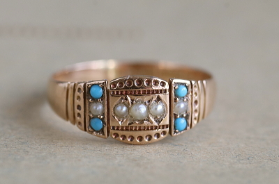 パール＆ターコイズ　ゴールドパネルリング　ヴィクトリアン　イギリス アンティークストリュフ