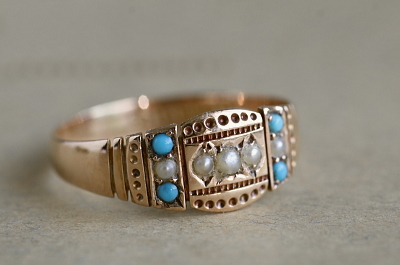 パール＆ターコイズ　ゴールドパネルリング　ヴィクトリアン　イギリス アンティークストリュフ
