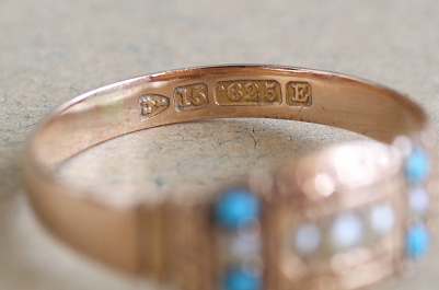 パール＆ターコイズ　ゴールドパネルリング　ヴィクトリアン　イギリス アンティークストリュフ