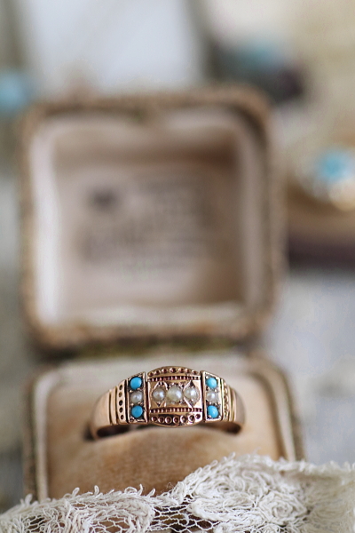 パール＆ターコイズ　ゴールドパネルリング　ヴィクトリアン　イギリス アンティークストリュフ 20251029