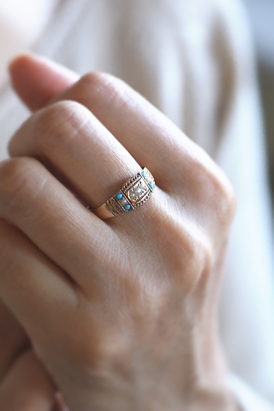 パール＆ターコイズ　ゴールドパネルリング　ヴィクトリアン　イギリス アンティークストリュフ