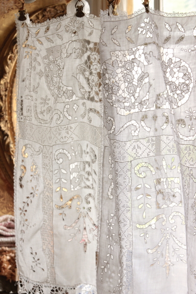 アンティークリネンパネル 天使 カットワーク レース フランス