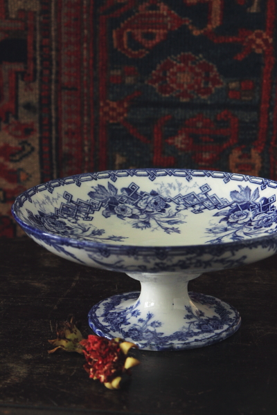 アンティークモントロー Creil et Montereau コンポティエ コンポート 薔薇 ブルーアンドホワイト フランス