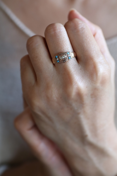 パール＆ターコイズ　ゴールドパネルリング　ヴィクトリアン　イギリス アンティークストリュフ