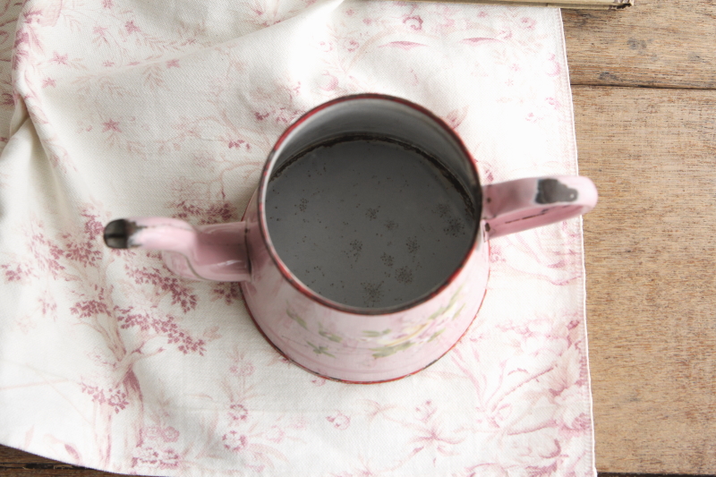 アンティークピンクほうろうカフェティール　コーヒービギン　手描きの薔薇　フランス