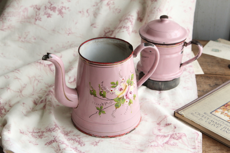 アンティークピンクほうろうカフェティール　コーヒービギン　手描きの薔薇　フランス